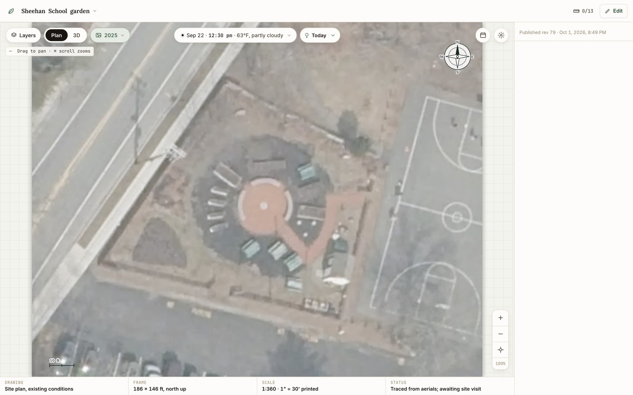 The same plan before anything is drawn: the aerial photo of the lot at scale, with a compass, scale bar and title block