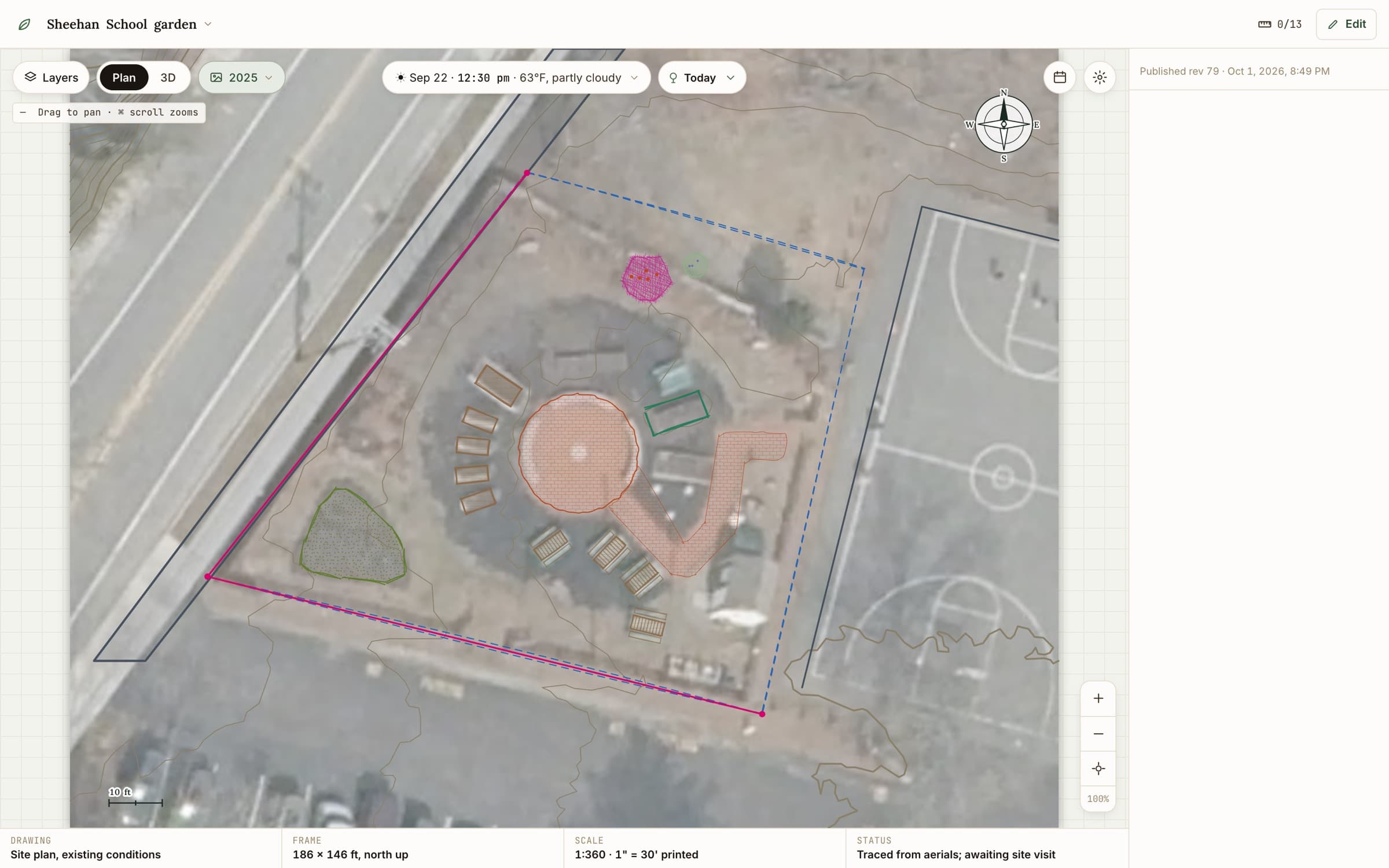 A plan in Plot studio: the lot traced over an aerial photo, with raised beds, a brick circle and path and a rain garden, a compass, a scale bar and a title block giving the frame in feet and the printed scale