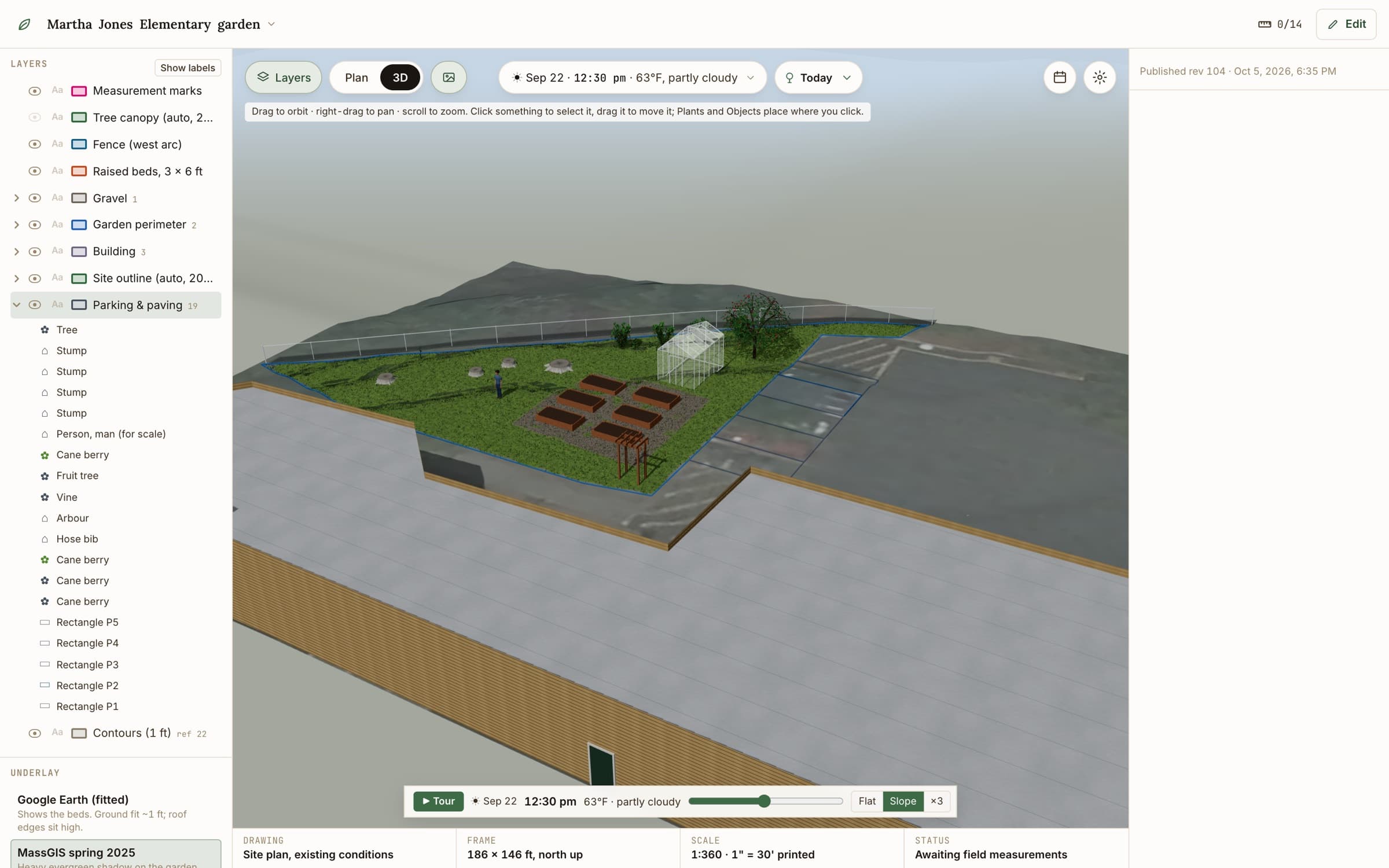 A school garden in 3D: raised beds on gravel, a greenhouse, fruit trees and a fence